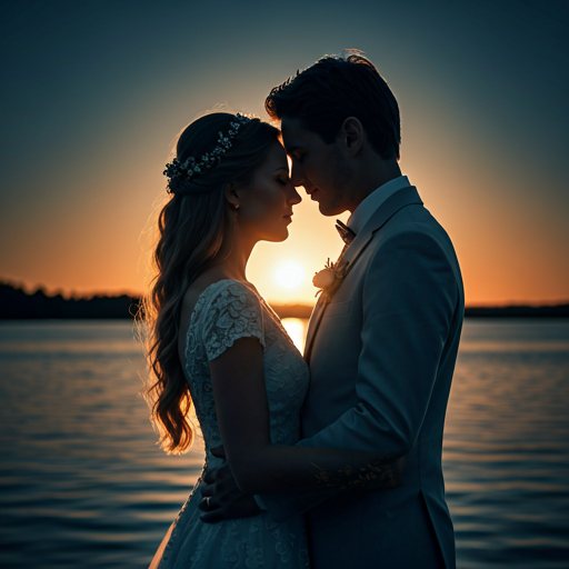 Elegant wedding couple silhouetted